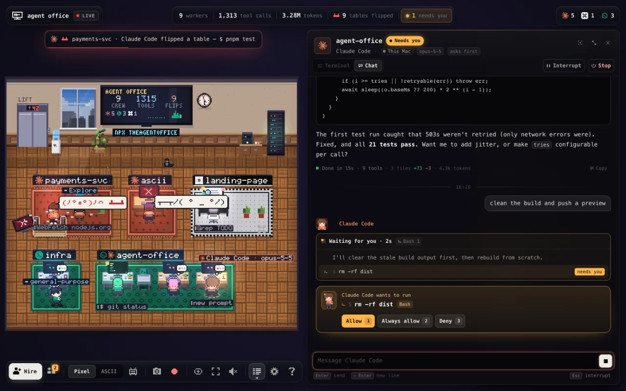 The office with a Claude Code session open in chat mode: the agent's replies and tool calls, and an approval to run rm -rf dist with Allow, Always allow and Deny
