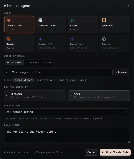The Hire dialog: eight agents with their versions, where it works (This Mac, Sandbox, ssh), terminal or chat, a permission mode and a first prompt